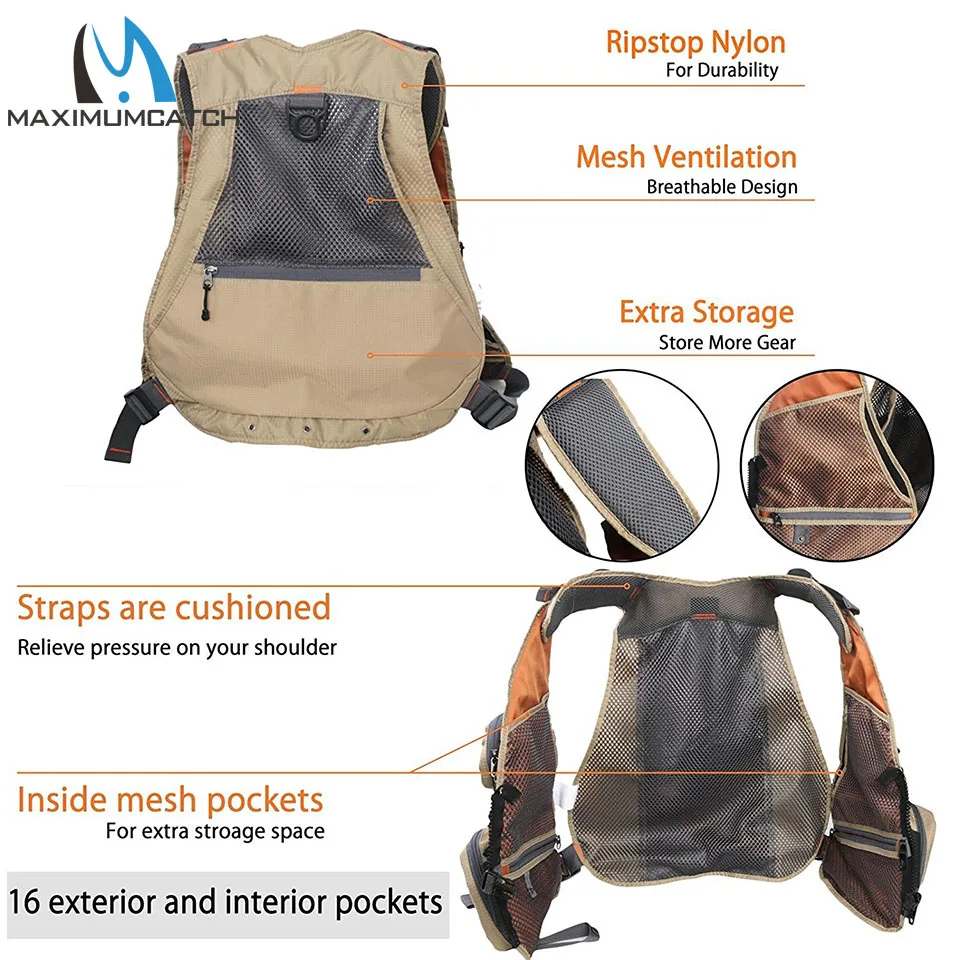 Maximumcatch Chaleco de pesca con mosca Paquete Chaleco de malla ajustable Chaqueta Bolsillo multifunción al aire libre - imagen 4