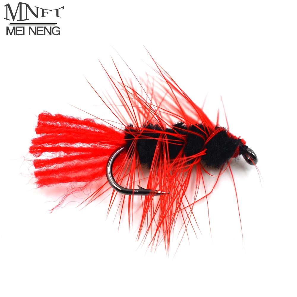 MNFT 10PCS 6 #   Wooly gusano mosca trucha pesca insecto gusanos lanosos negro rojo pesca con mosca señuelos cebos lubina moscas