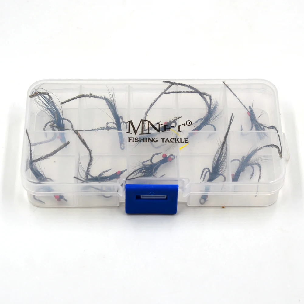 MNFT, 10 Uds. En caja, pesca con mosca, tres anzuelos, moscas, ojos rojos, plumas negras, plumas de pavo real, mosca húmeda, cebo de ninfa, señuelos receptores de moscas - imagen 5