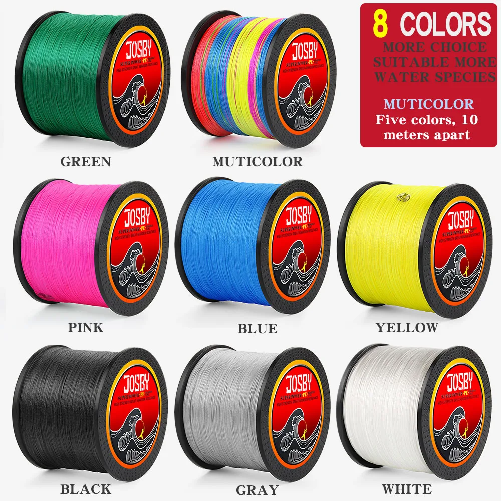 Una colección de carretes de hilo de pescar en varios colores. Cada carrete tiene una etiqueta que indica el color del hilo, como VERDE, ROSA, AZUL, AMARILLO, NEGRO, Gris y Blanco.