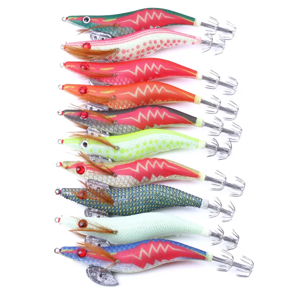Juego de 10 Señuelos de Pesca de calamar, anzuelos de camarón de madera Artificial, 2,5 #3,0 #3,5 #, 10 unidades