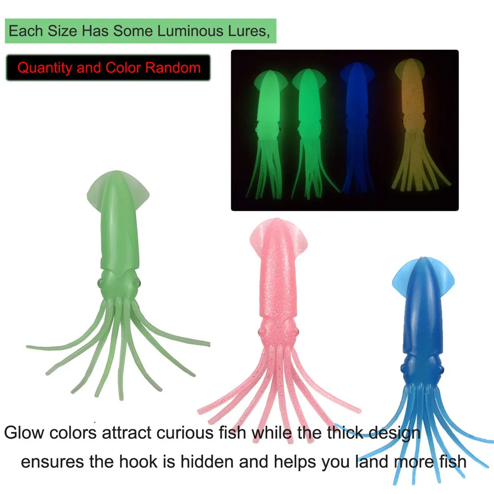 Señuelos de pulpo de plástico suave, cebo de falda de calamar que brilla en la oscuridad, luminoso, para pesca Al curricán, para pesca en agua salada - imagen 4