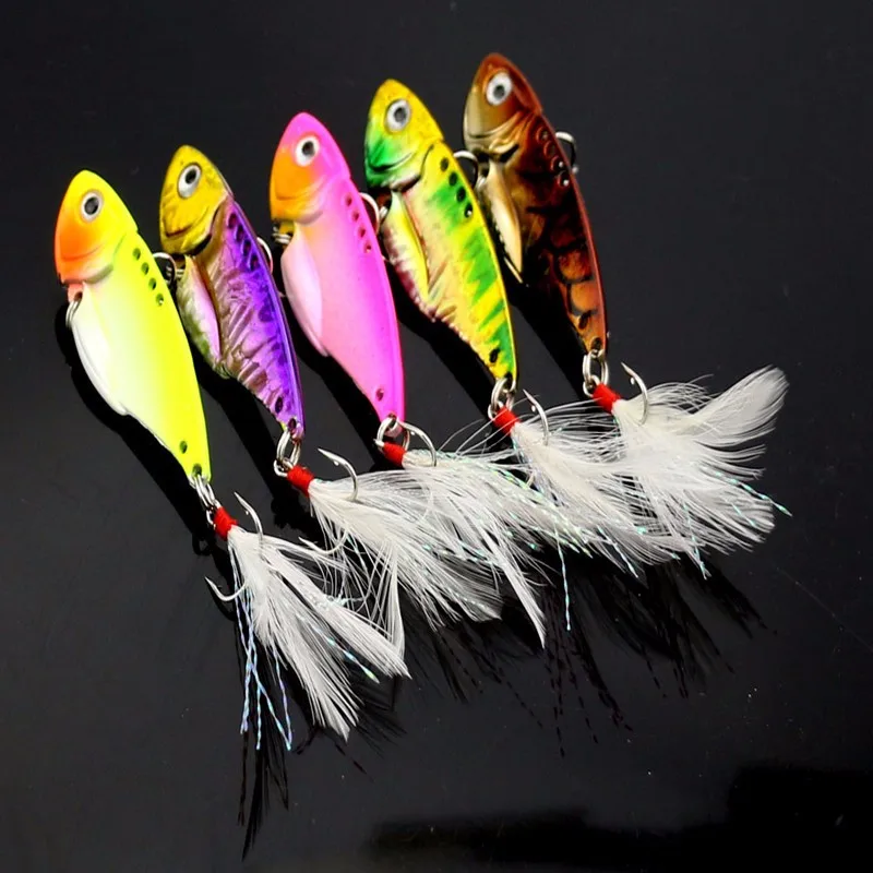 Señuelo vib de Metal para pesca, cebo para nadar, 5,5 cm, 11g, señuelos artificiales con vibración, anzuelo triple de plumas, 1 pieza en oferta