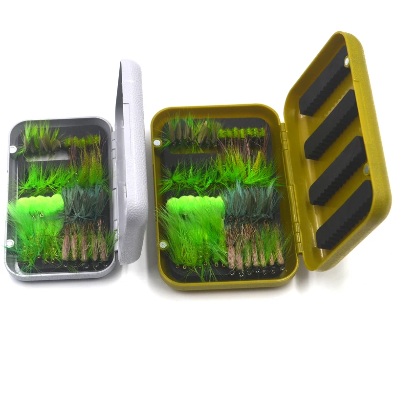 MNFT 1 Juego (40/56 uds) moscas de pesca con mosca Combo serie verde insectos artificiales cebo pesca señuelo ganchos con caja para moscas - imagen 2