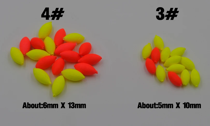 MNFT 100 Uds Mini flotador de pesca ovalado Bobber Rig hacer frijoles flotantes de pesca cuentas llamativas rojas/amarillas con agujero sin tapón 3 4 # - imagen 3