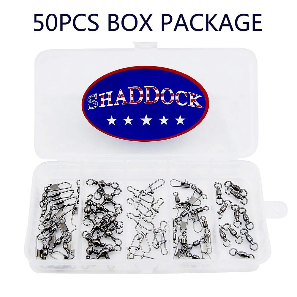 Kit giratorio de pesca de acero inoxidable, 50 unids/caja, incluye broches de bloqueo Duo, rodamiento de bolas, barril giratorio, Conector de pesca - imagen 3