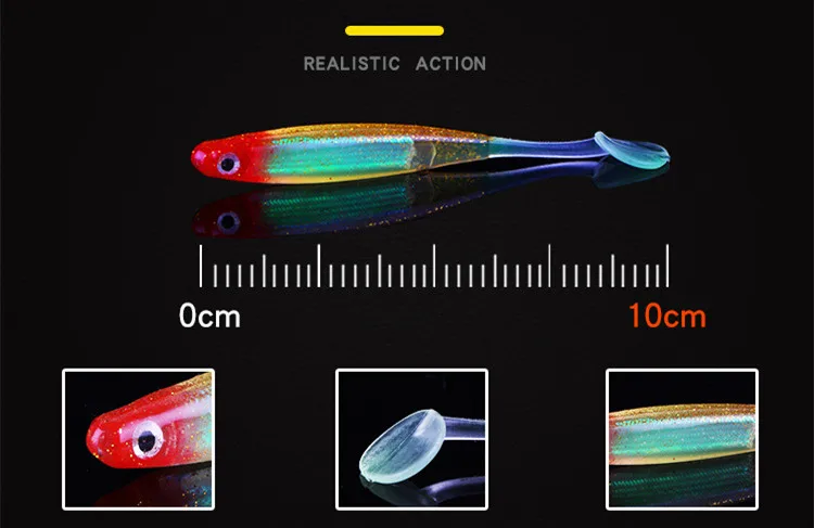 Señuelo de pesca de cola en T, cebo suave, tubo de colores, ojo de pez 3D, 10cm/3,5g, gusano de cola única, señuelos artificiales de agua salada, bolsa de 5 piezas - imagen 4