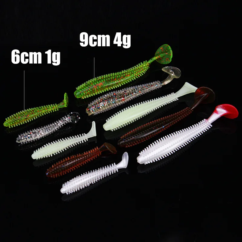 Señuelo blando de pesca con cola en T, larva de cola única, 6cm/1g, 9cm/4g, accesorios para peces con brillo de gusano, lote de 5 piezas - imagen 4