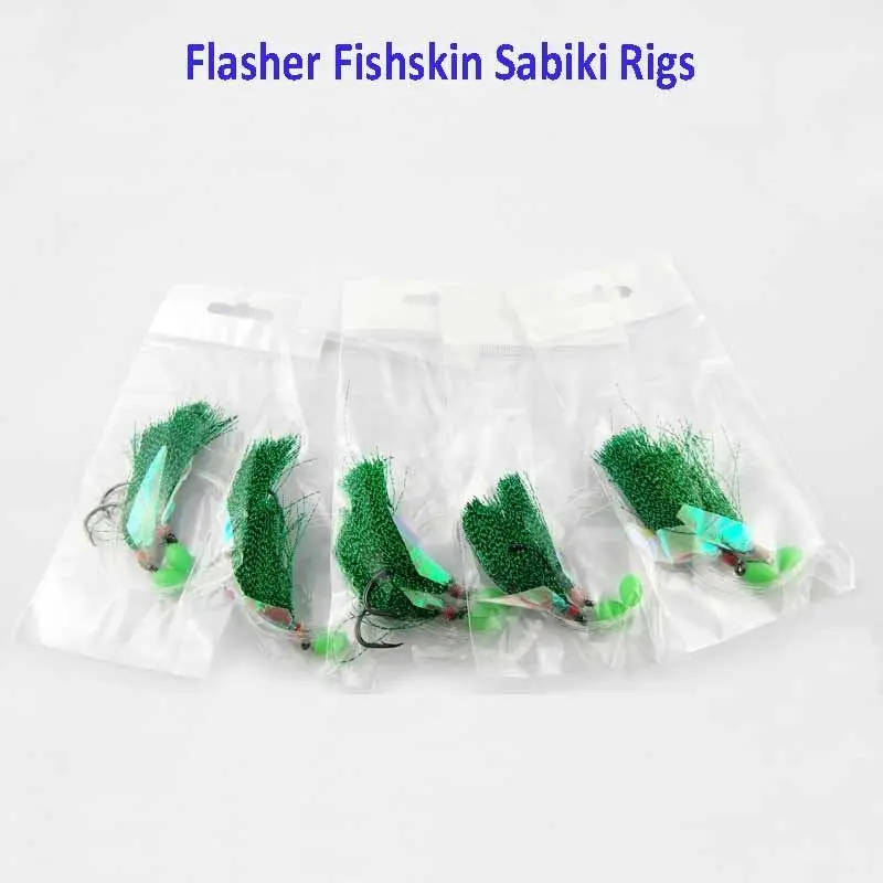 JSM-1 paquete de anzuelos de pesca de agua salada con línea de alambre verde brillante, 2 anzuelos de cebo intermitente, cuentas luminosas, cebo de piel de pescado - imagen 2