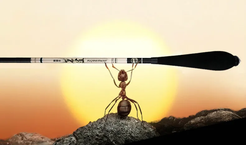 Una hormiga pequeña sostiene una caña de pescar contra un impresionante telón de fondo del atardecer