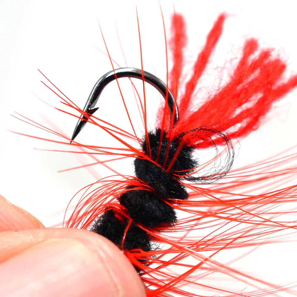 MNFT 10PCS 6 #   Wooly gusano mosca trucha pesca insecto gusanos lanosos negro rojo pesca con mosca señuelos cebos lubina moscas - imagen 3