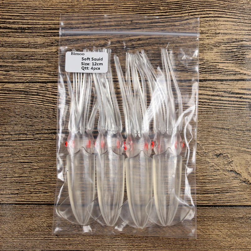 Bimoo, 1 bolsas = 4 Uds., 12cm, 14cm, 17cm, señuelos de calamar suaves, juego de Jigging, pesca en agua salada, cebo de pesca, pulpo, verde luminoso para plataformas DIY - imagen 5