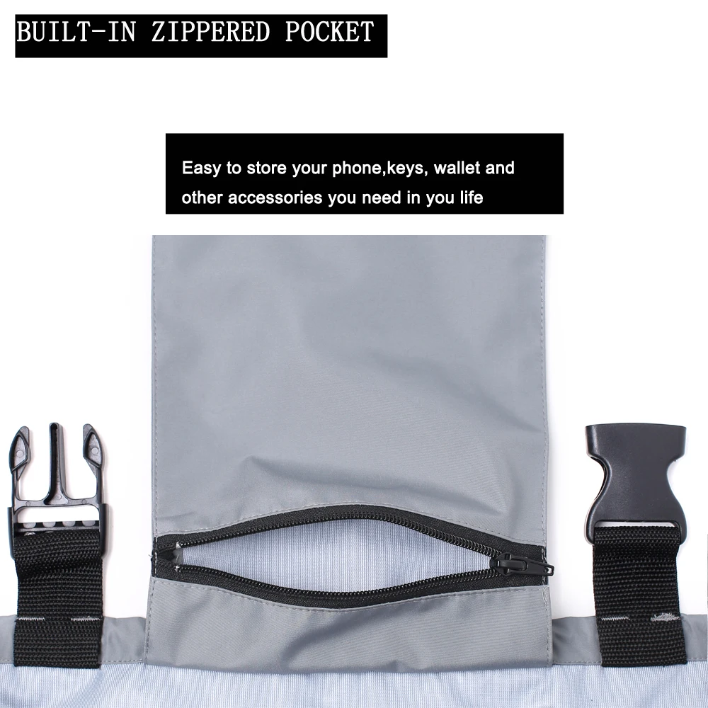Un producto con bolsillo incorporado con cremallera. El bolsillo está diseñado para sujetarse a un cinturón, como lo indican las dos presillas a cada lado del bolsillo.