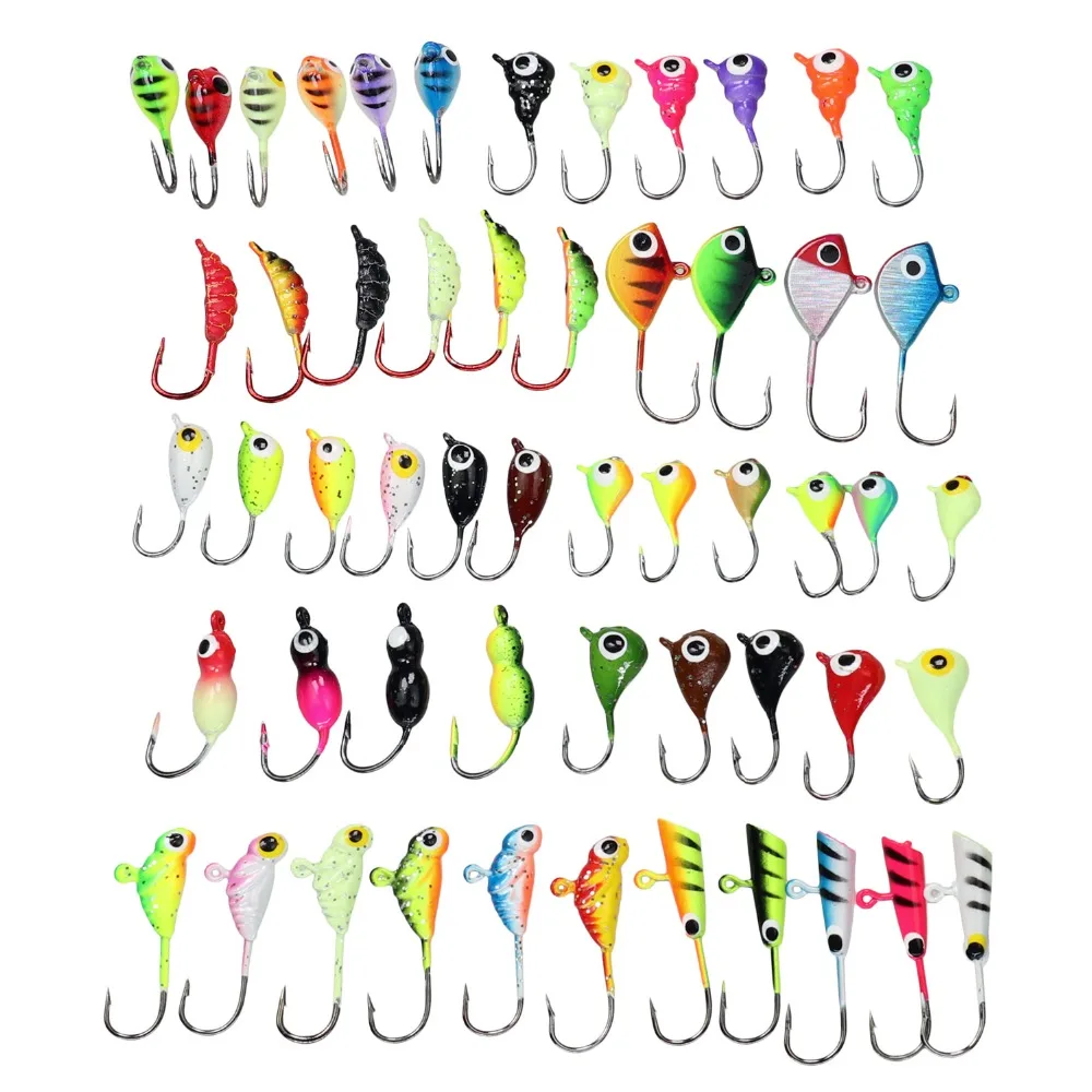 THKFISH-plantillas de pesca en hielo para invierno, Kit de señuelos, 1g-2,5g, Mini cebo duro de Metal, anzuelos de púas con cabeza de anzuelo para pesca de lubina, 54 Uds. - imagen 2
