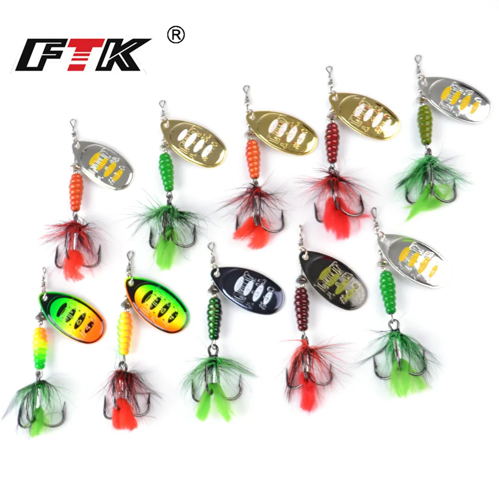 FTK-señuelo de pesca giratorio, 10 colores, tamaño 3 #4 #5 #, peso 8g 13g 15g, cebo de lubina con pluma, anzuelos triples, aparejos Wobblers - imagen 5