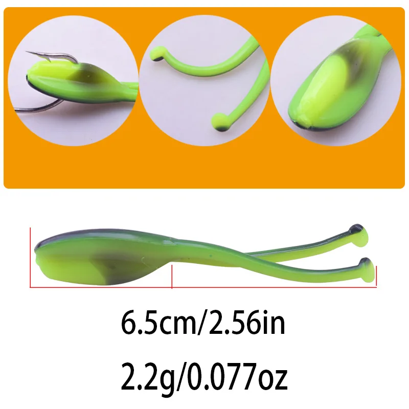 Señuelo de pesca de silicona blanda, cebo de 65mm y 2,2g, gusanos blandos, cola en T, Swimbait, Bass Shad, Wobbler, aparejos de pesca, 10 unids/lote, WD-252 - imagen 2