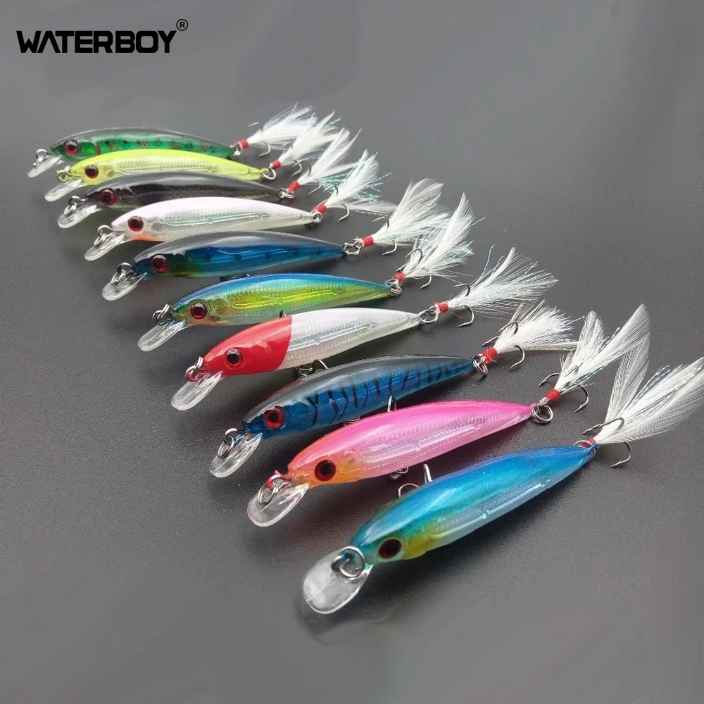WATERBOY-señuelo de pesca de pececillos, 10 piezas, cebo duro para nadar, 9cm, 8g, pluma de plástico Artificial, wobbler, Crankbait, aparejos de pesca - imagen 2
