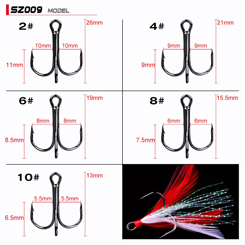 Anzuelo de pesca de acero con alto contenido de carbono, anzuelos triples 2 #/4 #/6 #/8 #10 #, Color negro/rojo, aparejos de pesca con plumas, 500 unids/lote, nuevo - imagen 5