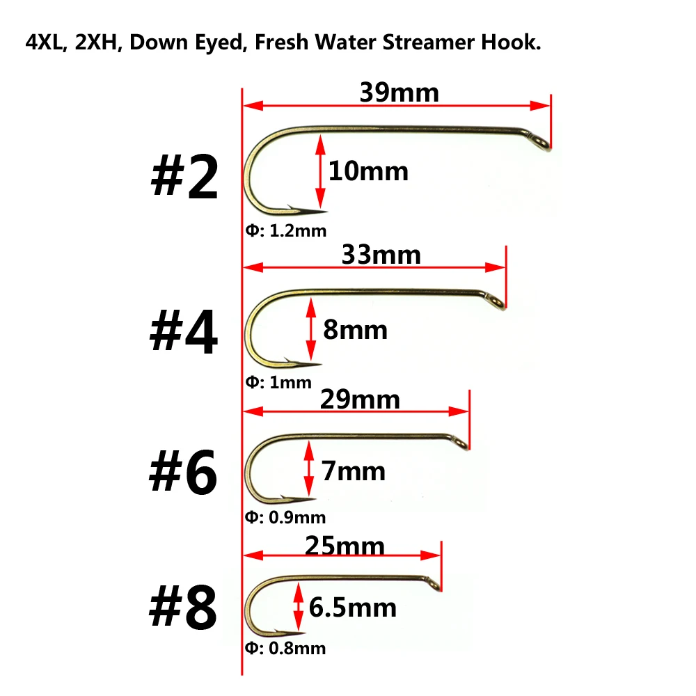 Bimoo-anzuelos de Color bronce para atar moscas, gancho de serpentina de agua dulce, tamaño 2, 4, 6 y 8, 2x largos, 2x H, 20 unidades - imagen 2