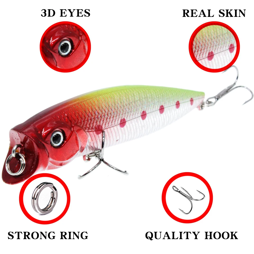 LEOSPORT-Señuelos de Pesca Popper, cebos duros Wobbler de buena calidad, aparejos de pesca selectos de 5 colores, ganchos 6 #, 1 ud., novedad - imagen 3