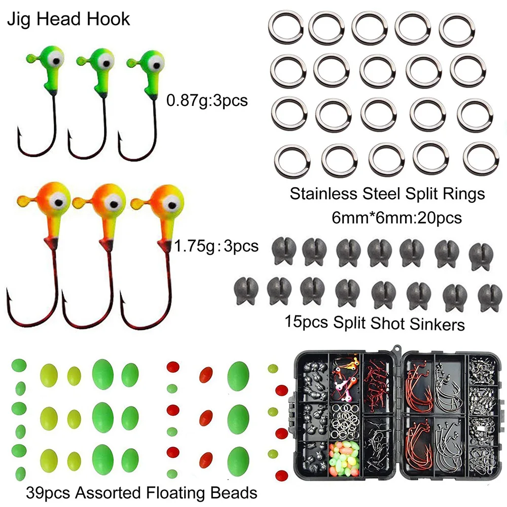 Kit de accesorios de pesca, 150 unids/caja que incluye anzuelos de cabeza, anillos, broches giratorios, cuentas, caja de Kit de aparejos de pesca - imagen 4