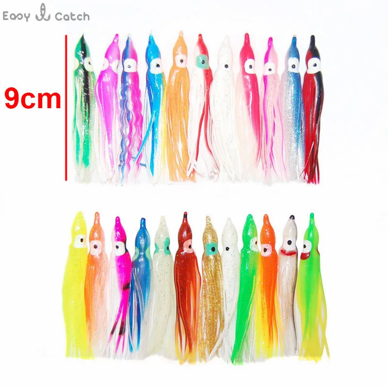 Señuelos de Pesca de pulpo de plástico suave de 9cm, silicona de colores mezclados, faldas de calamar artificiales luminosas, juego de señuelos con caja, 24 piezas - imagen 3