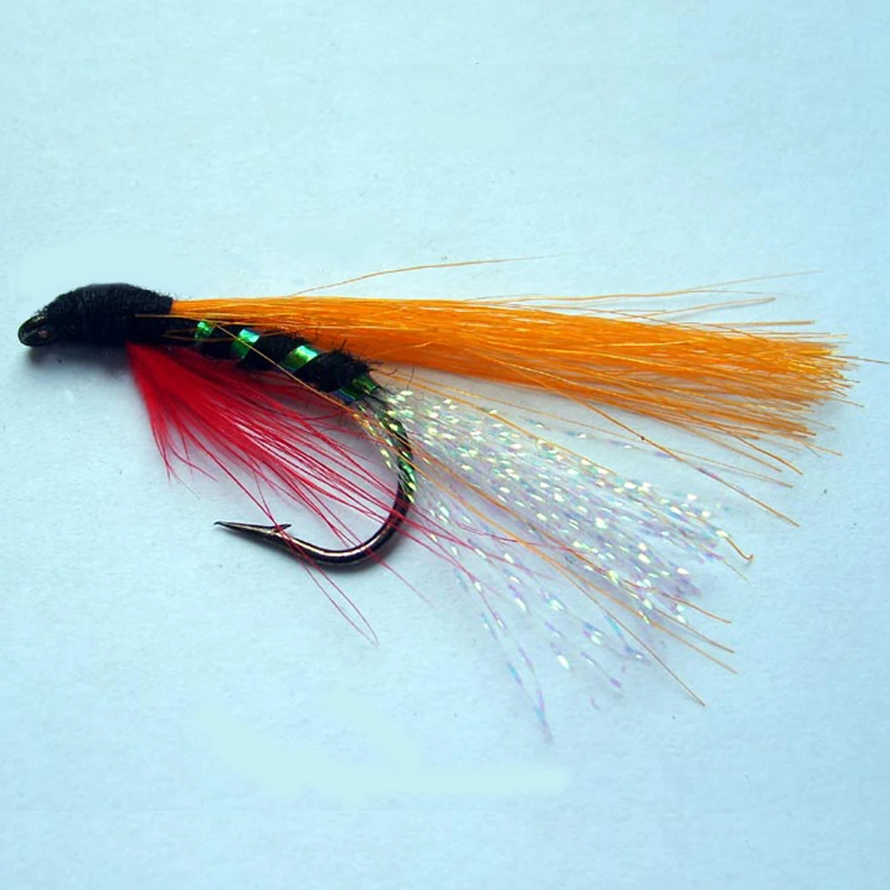 MNFT-señuelo de pesca con mosca, cebo Artificial, Color naranja, rojo, cuerpo azul, Flashabou, Minnow, Streamer, cuerpo holográfico, húmedo, 7, 10 Uds. - imagen 2