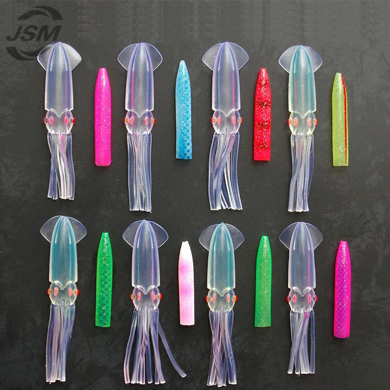 JSM-Señuelos de pesca de calamar suaves, 12 Uds., 12cm, para plantillas, colores mezclados, gran juego, faldas luminosas de calamar, cebo Artificial para Jigging - imagen 2