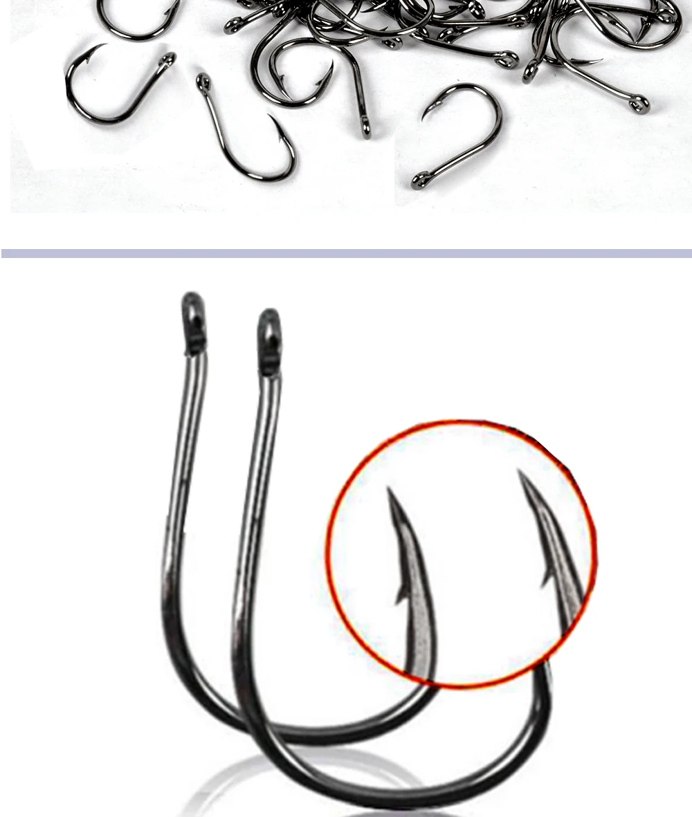 Una colección de anzuelos de pesca. La parte superior de la imagen muestra una variedad de anzuelos con diferentes formas y tamaños, que normalmente se utilizan para diferentes tipos de pesca según la especie objetivo y la técnica de pesca.