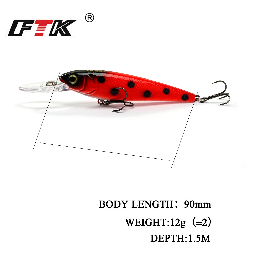 FTK-señuelo de pesca duro Minnow, 12g, 9cm, ojos 3D, cebo Artificial con anzuelo triple, Wobblers Swimbait Bass - imagen 3