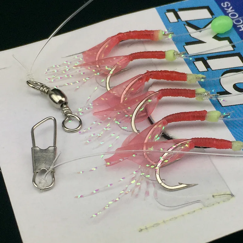 Bimoo-anzuelos de cuerda de piel de pez simulada, aparejo Sabiki para pesca de camarón suave, luminoso, señuelo, accesorio de aparejos de cebo, 6 unids/set - imagen 5