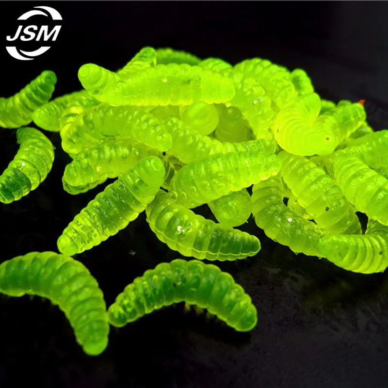 JSM-Señuelos de Pesca de gusano blando, cebo de pesca de gusano suave, Color blanco, amarillo, verde y rojo mezclado, olor luminoso, 100 Uds. - imagen 5