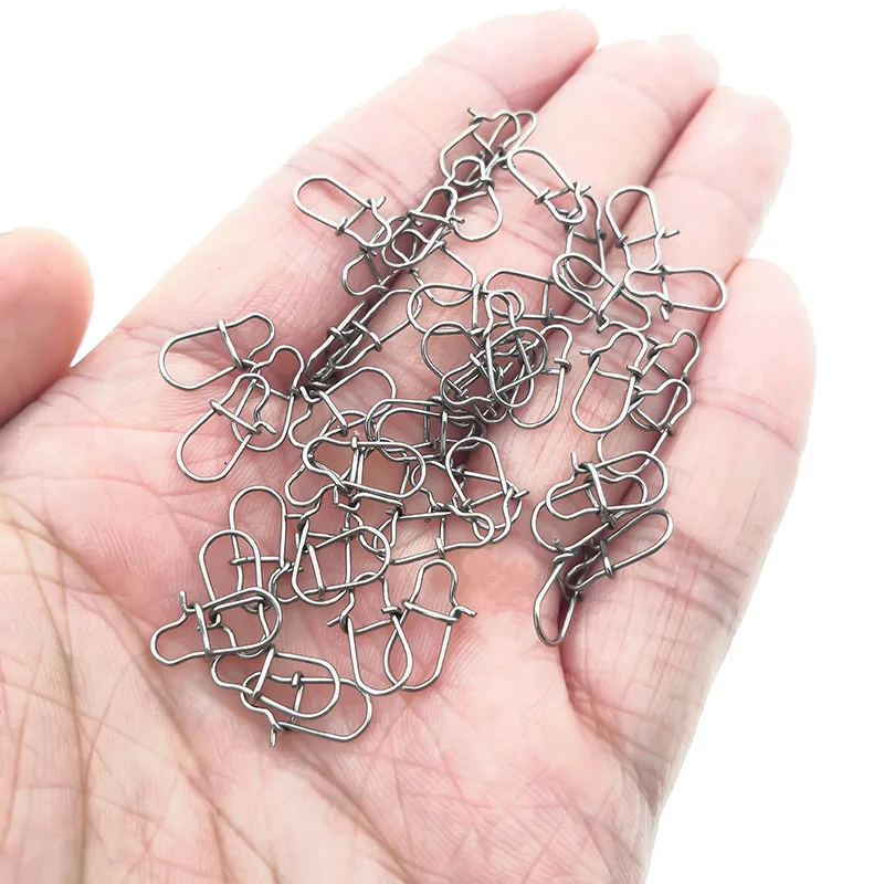 30 unids/lote gancho de acero inoxidable Clip rápido bloqueo Snap giratorio pesca anillos sólidos broches de seguridad conector de anzuelo de pesca aparejos de pesca