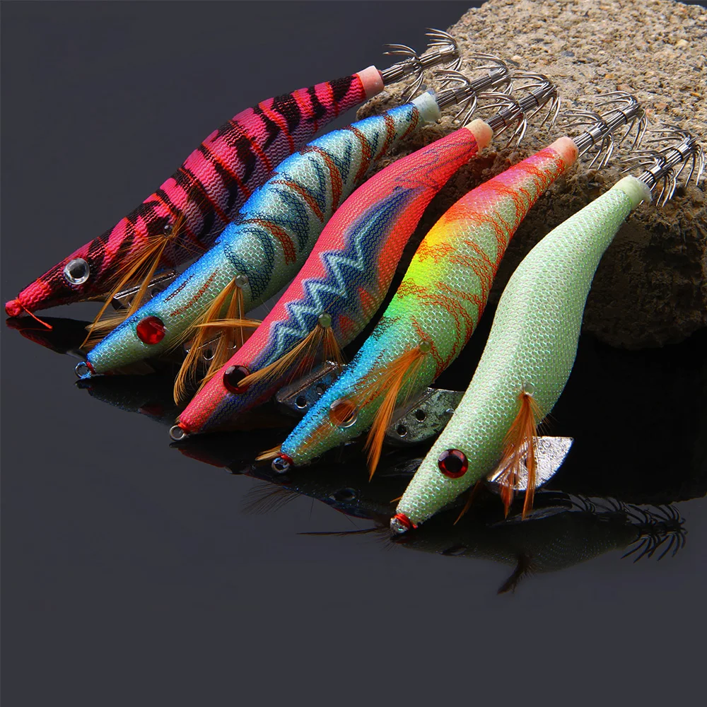 Hyaena-señuelo de pesca luminoso de 5 piezas, anzuelo de calamar Artificial japonés, plantilla para madera, señuelo de Camarón, cebo duro, pulpo