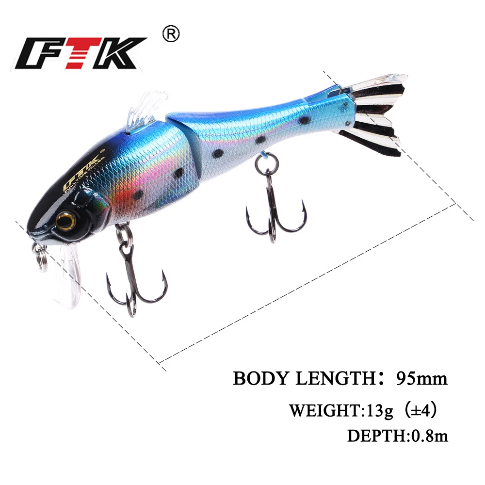 FTK-señuelo de pesca duro Minnow de 2 segmentos, ojos 3D, 13g, 9,5 cm, cebo Artificial de pesca multiarticulado, Swimbait Wobblers - imagen 4