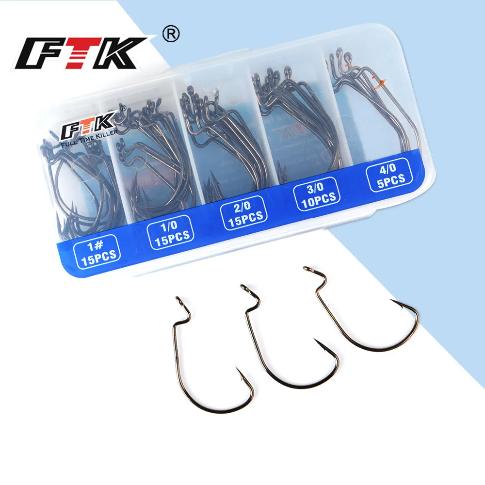 FTK 60PCS MIX Anzuelo de pesca compensado de acero rico en carbono 4/0 #   3/0 #   2/0 #   1/0 #   1 #   Señuelo manivela gancho gusano cebo suave anzuelos aparejos de pesca - imagen 2