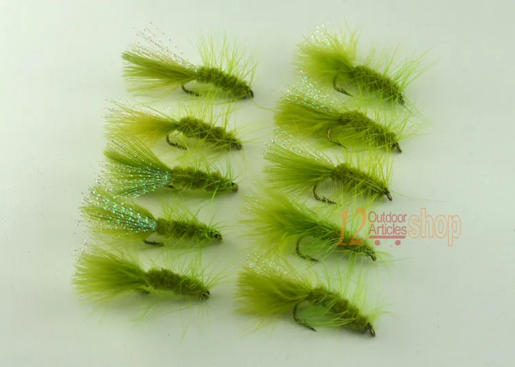 MNFT 10PCS 6 #   Señuelo tipo Bugger lanudo de color oliva, trucha, cola de Flashabou, señuelos de pesca con mosca - imagen 3