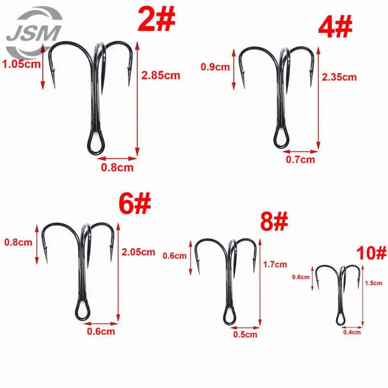JSM 100 Uds 35647 anzuelos de pesca triples de acero rico en carbono negro rojo redondo doblado Triple señuelo Artificial anzuelos tamaño 2 4 6 8 10 - imagen 2