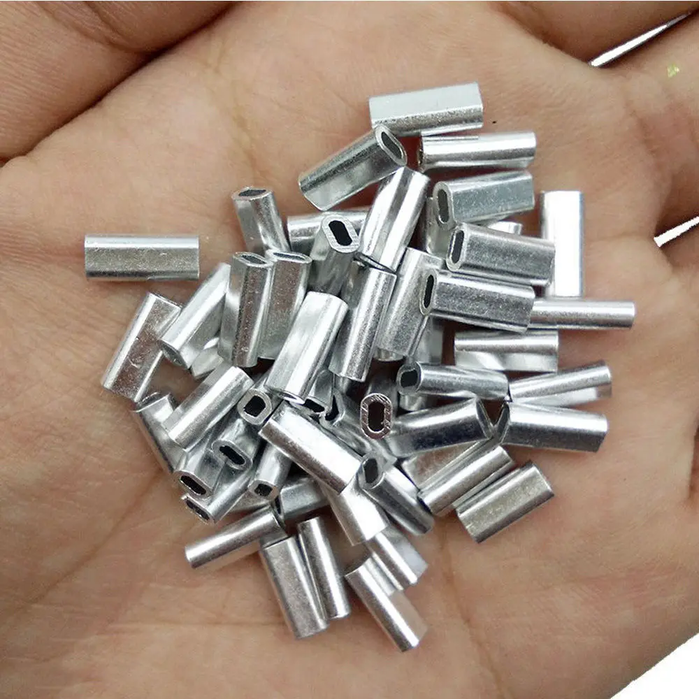 Manguitos de engarce de aluminio, Kit de conectores ovalados de 100 piezas, manguitos de tubo de línea de pesca, herramientas de aparejos de pesca