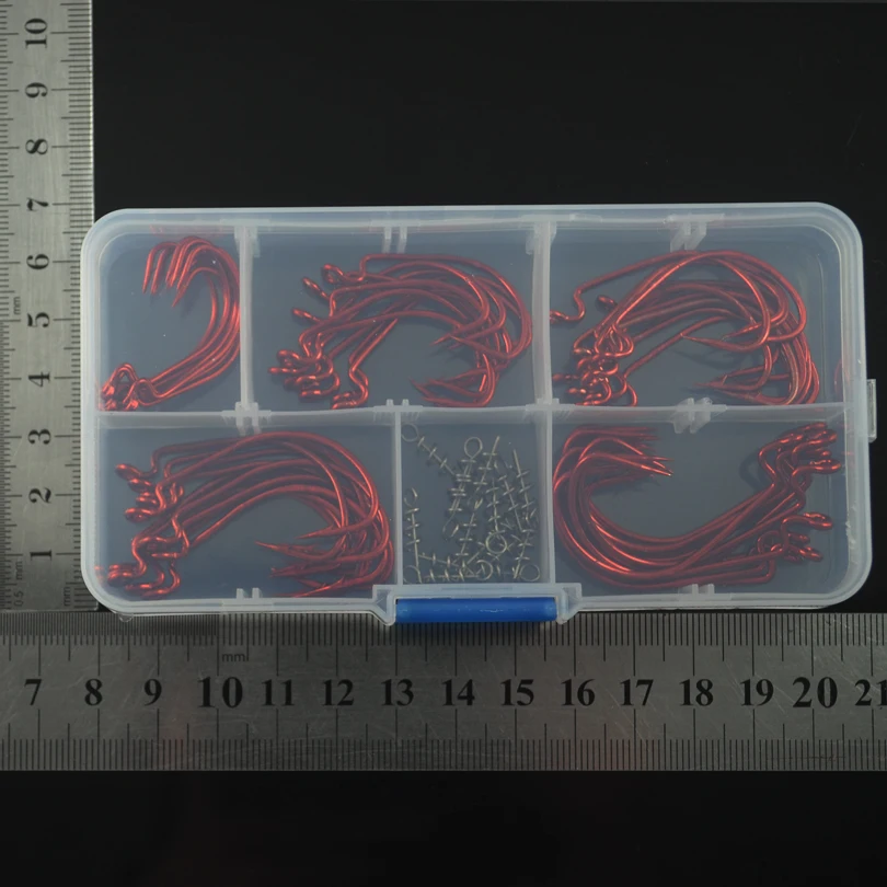 MNFT 60 ganchos de manivela rojos + 15 piezas conector de señuelo suave/juego de acero rico en carbono tamaño 1 #   2 #   1/0 #   2/0 #   3/0 #   Anzuelo de pesca con cebo de gusano suave - imagen 2