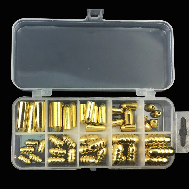 50 unids/set pesas de bala de cobre plomos de pesca en accesorios de pesca de plástico caja de aparejos 1,8g/3,5g/5g/7g/10g accesorios de plomo