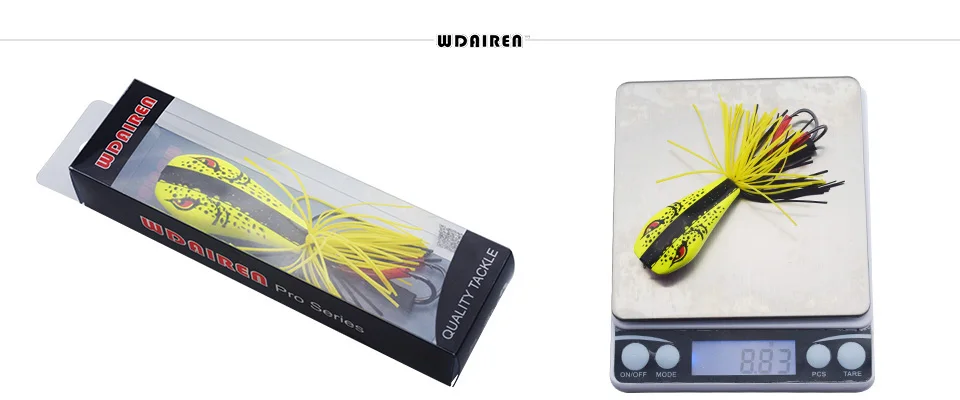 Un señuelo de pesca, específicamente un señuelo de plástico blando, diseñado para parecerse a un pez u otra criatura acuática. El señuelo es amarillo con manchas negras y tiene una cola larga que probablemente imita el movimiento de la cola de un pez cuando se recupera del agua.