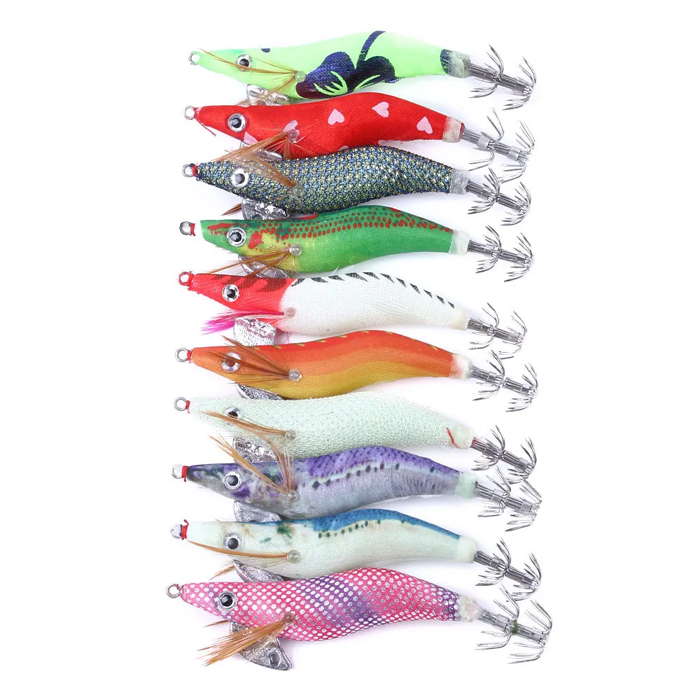 Juego de 10 Señuelos de Pesca de calamar, anzuelos de camarón de madera Artificial, 2,5 #3,0 #3,5 #, 10 unidades
