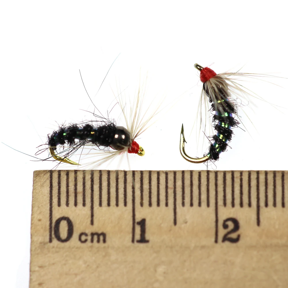 Bimoo-Cabeza de cuentas de latón metálico, trucha marrón arcoíris, Greyling Char Caddis, ninfa Premium, moscas de pesca negras, 6 piezas, #8 #10 #12 - imagen 2
