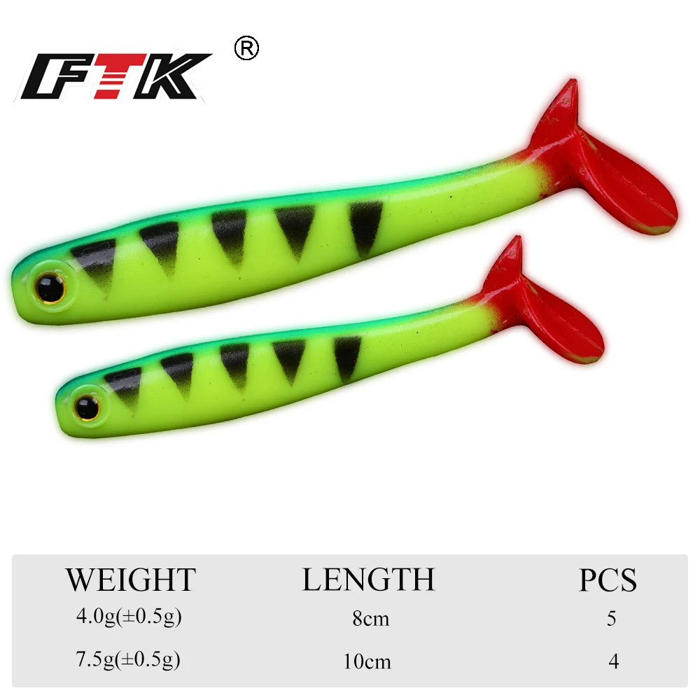 FTK 4-5 Uds Señuelos de pesca blandos señuelo cabeza flotante lubina silicona cebo Artificial Wobblers 3D Shake T Tail - imagen 5