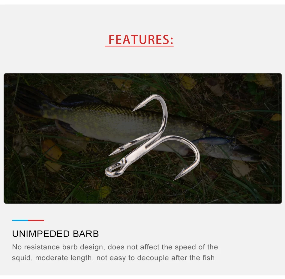 Anzuelos triples MEREDITH mostrando su diseño de acero rico en carbono y construcción volcada