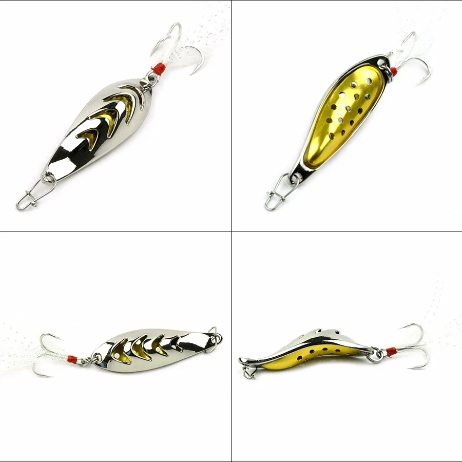 Una colección de anzuelos para pescar con señuelos. Se trata de señuelos artificiales diseñados para imitar la apariencia de un pez, que se suelen utilizar en la pesca para atraer y capturar peces. Los señuelos vienen en varias formas y tamaños y, por lo general, están hechos de metal o plástico con un gancho adjunto.