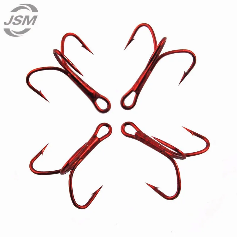 JSM-anzuelos de pesca triples de acero con alto contenido de carbono, 50 unidades, rojo, duro, redondo, doblado, Triple, Artificial, juego de anzuelos con caja - imagen 4