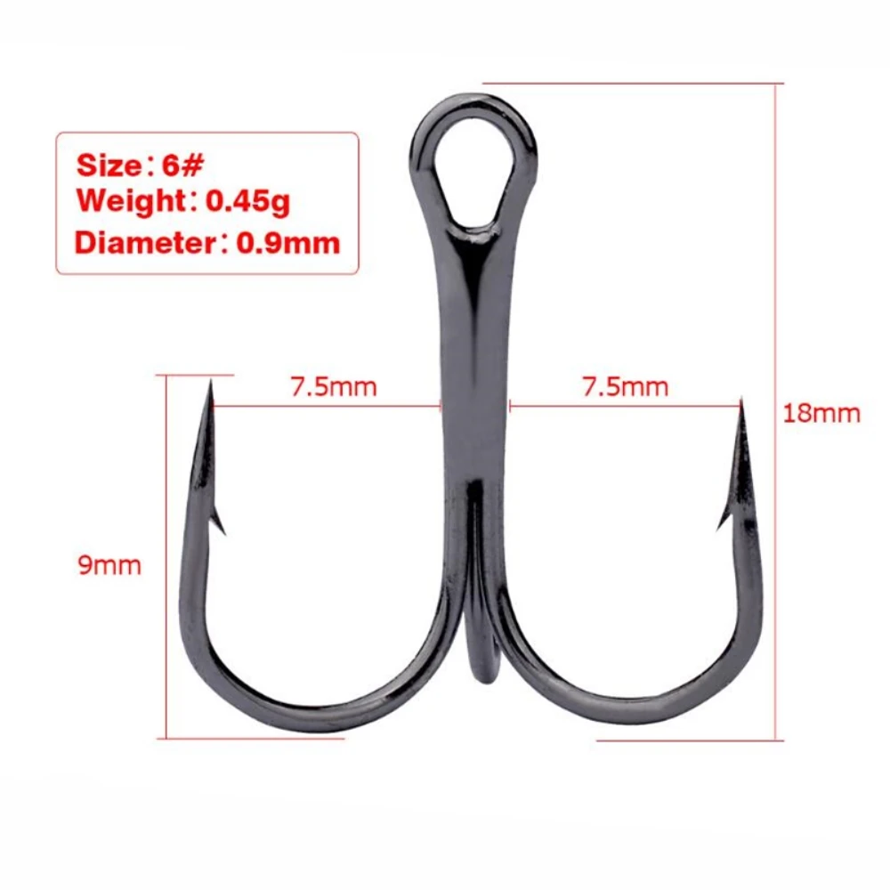 10 unids/lote 2 #   4 #   6 #   8 #   10 #   Anzuelo de pesca negro, anzuelos triples de acero rico en carbono, aparejos de pesca, triples curvados redondos para lubina - imagen 3
