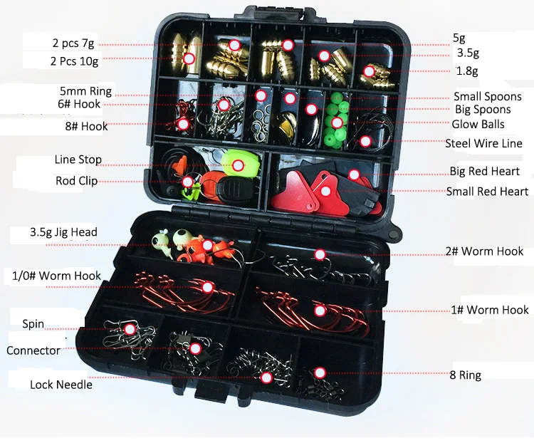 Accesorios de pesca en roca, Kit de señuelos, juego de 128 piezas, gancho de gusano, varilla, Clip, bolas, plomo, conector de cabeza de plantilla, anillo, línea, cucharas de parada - imagen 3